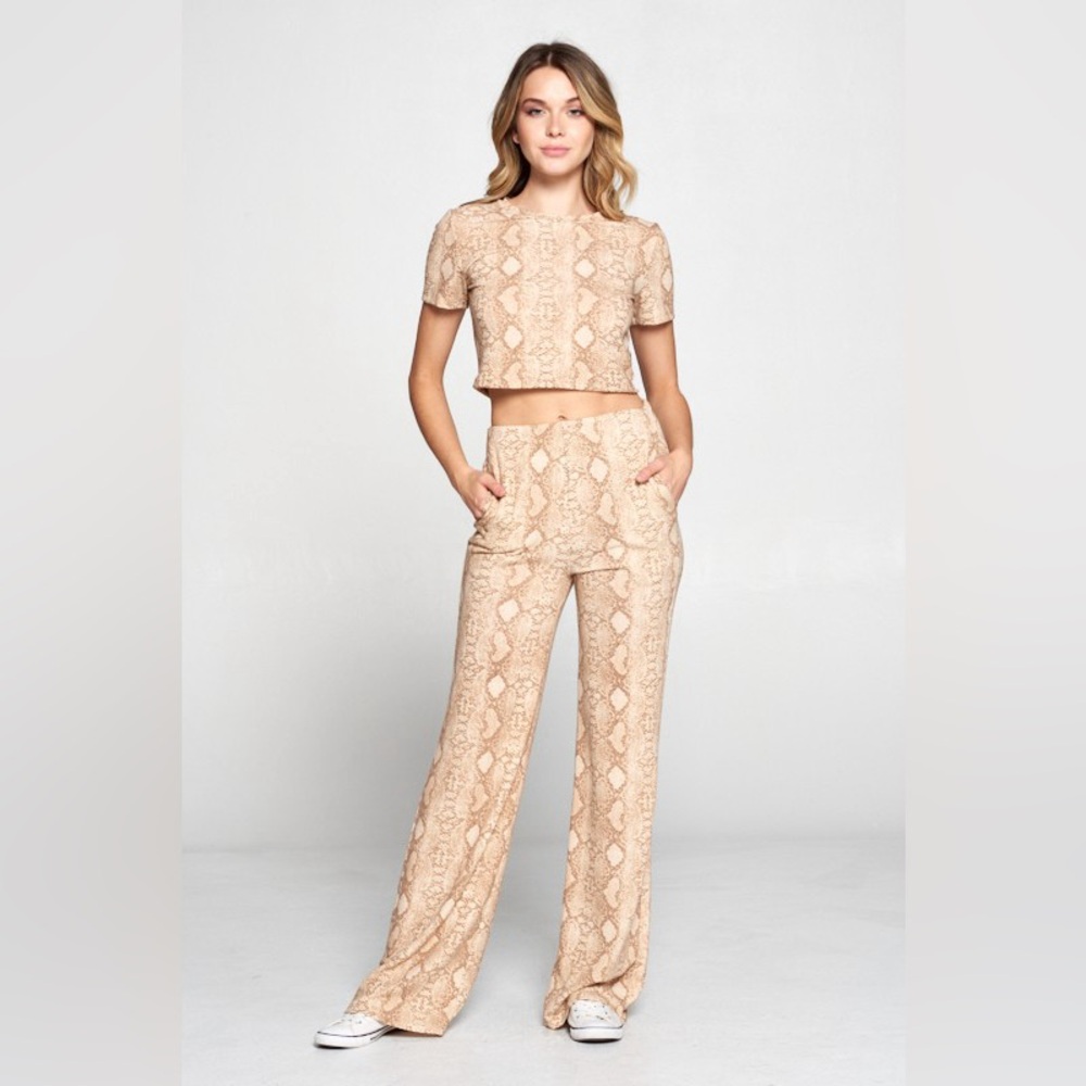 441B-BEIGE Snake Print Top & Bottom Set